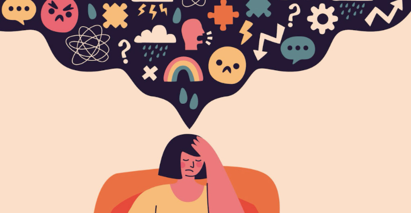 Illustration: Person mit Hand am Kopf, dunkle Gedankenwolke voller Symbole (Emojis, Regen, Fragezeichen, Zahnräder)
